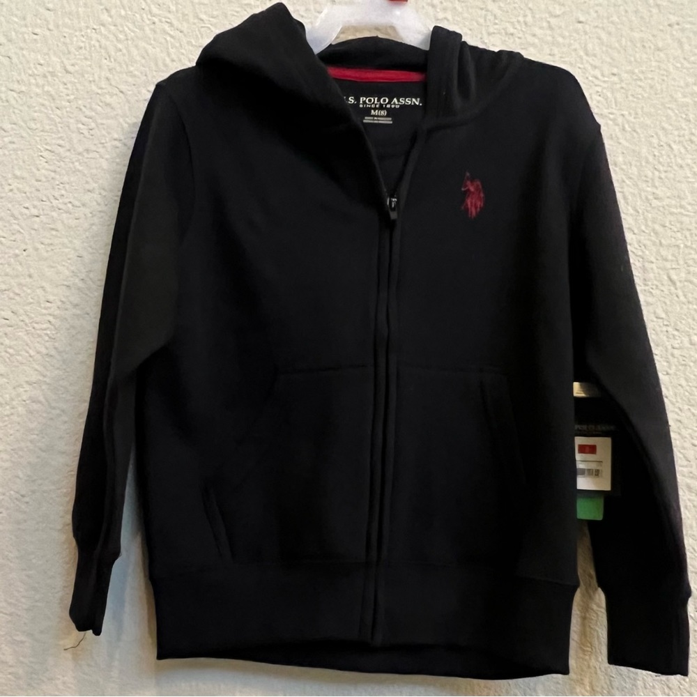 Boys Cotton Fleece Black Zip Up Hooded Thick Sweatshirt Jacket US POLO ASSN.